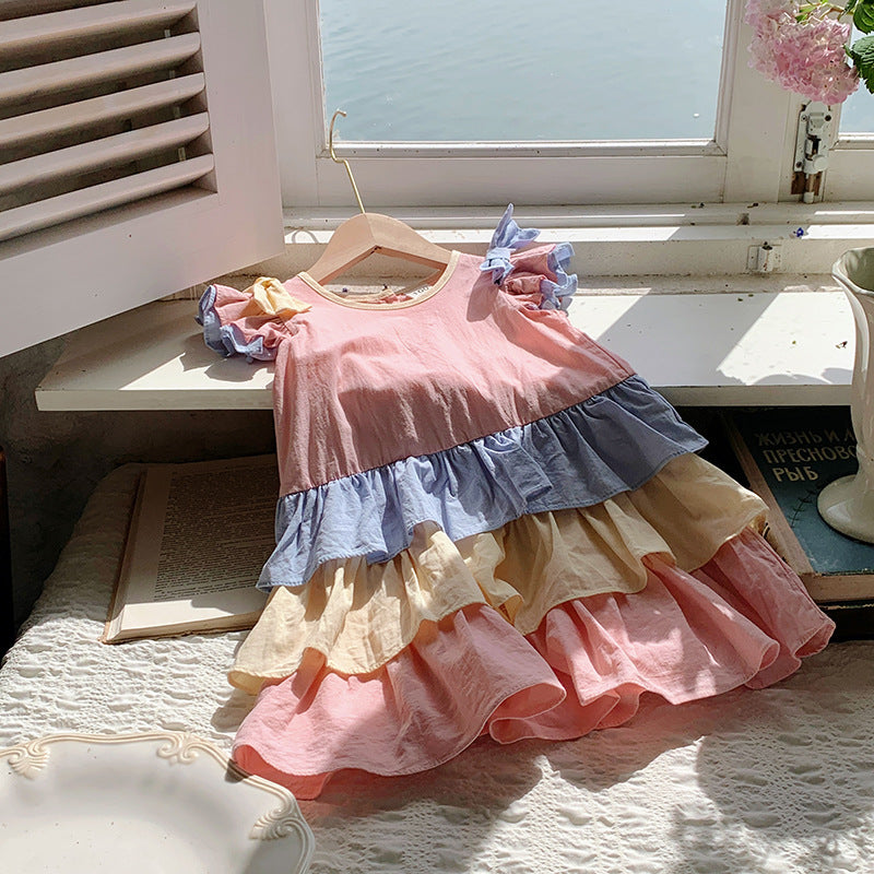 New Design Summer Kids Girls Colorful Color Patchwork Short Sleeves Crew Neck Ruffle Dress-2