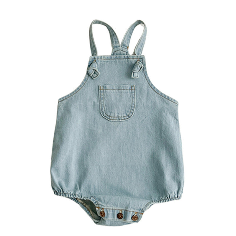 Summer Baby Kids Unisex Solid Color White Short Sleeves T-Shirt And Thin Denim Onesies Clothing Set-1