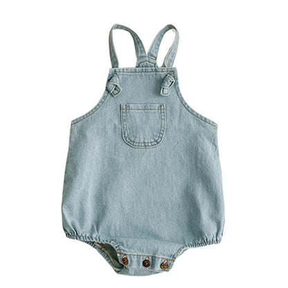 Summer Baby Kids Unisex Solid Color White Short Sleeves T-Shirt And Thin Denim Onesies Clothing Set-1