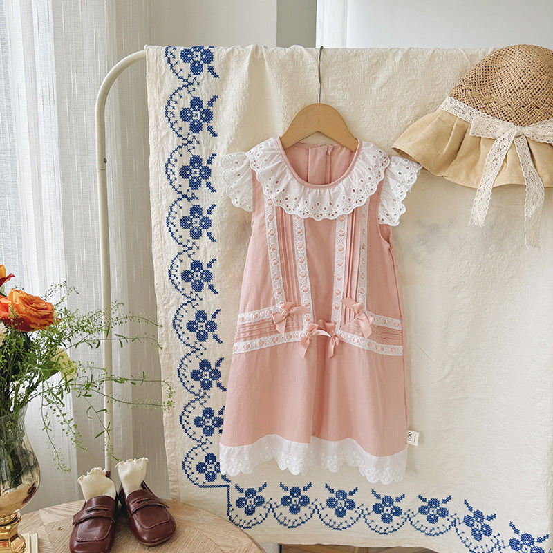 Summer Arrival Flowers Pattern Lace Trim Fly Sleeves Dress for Stylish Girls-3