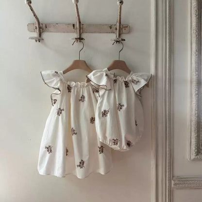 Summer Hot Selling Baby Kids Girls Fly Sleeves Flowers Pattern Embroidered Princess Onesies-4