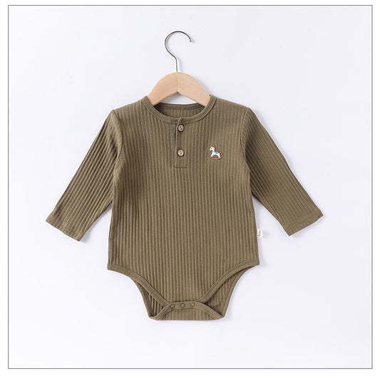 Spring New Arrival Baby Unisex Long Sleeves Striped Onesies Bodysuits with Simple Embroidery-1