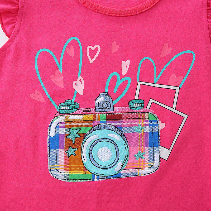 Summer Baby Kids Cartoon Camera Pattern Vest and Plaid Shorts Clothing Set for Girls-2