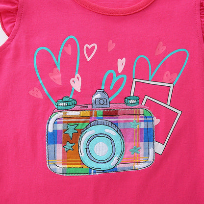Summer Baby Kids Cartoon Camera Pattern Vest and Plaid Shorts Clothing Set for Girls-2