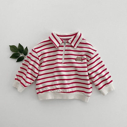Baby Cute Bear Embroidered & Striped Pattern Polo Neck Cotton Hoodies-2