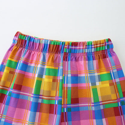 Summer Baby Kids Cartoon Camera Pattern Vest and Plaid Shorts Clothing Set for Girls-3