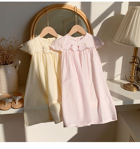 Summer Baby Kids Girls French Short Sleeves Floral Pattern Embroidered Dress-0