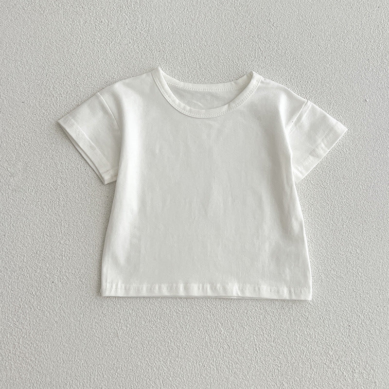 Summer Baby Kids Unisex Solid Color White Short Sleeves T-Shirt And Thin Denim Onesies Clothing Set-2