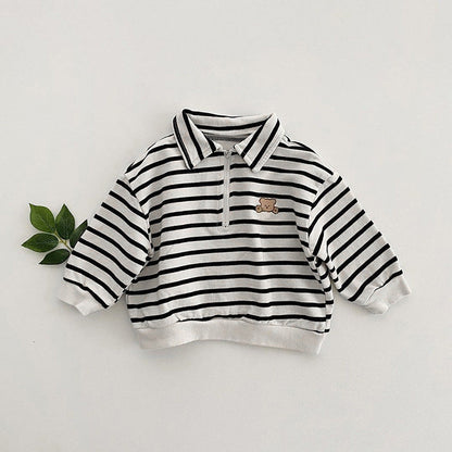 Baby Cute Bear Embroidered & Striped Pattern Polo Neck Cotton Hoodies-3