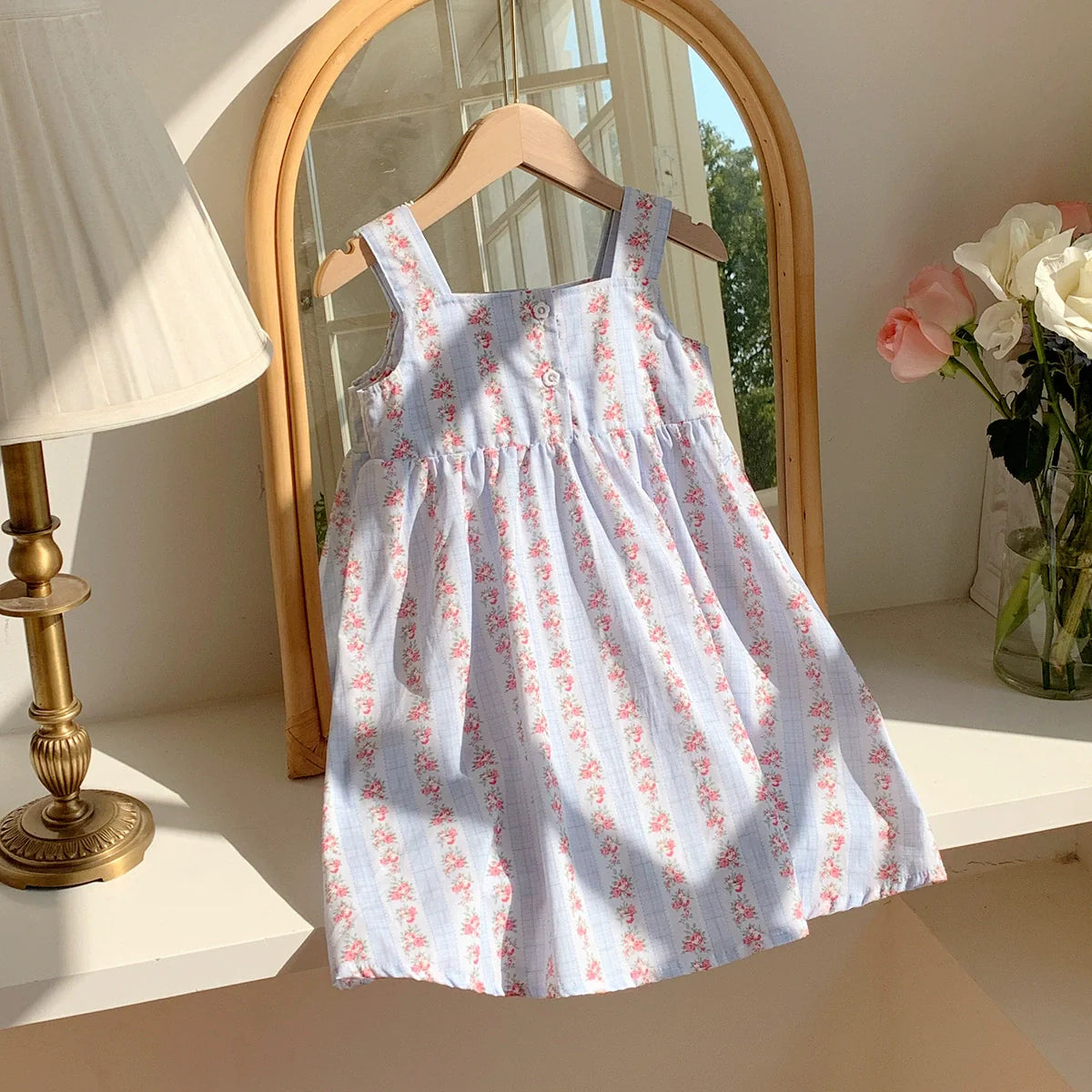 Summer Baby Kids Girls Sleeveless Flowers Pattern Printed Striped Dress-3