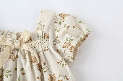 Baby Girl Floral Print Pattern Puff Sleeved Design Onesies With Bow Decoration In Summer-3