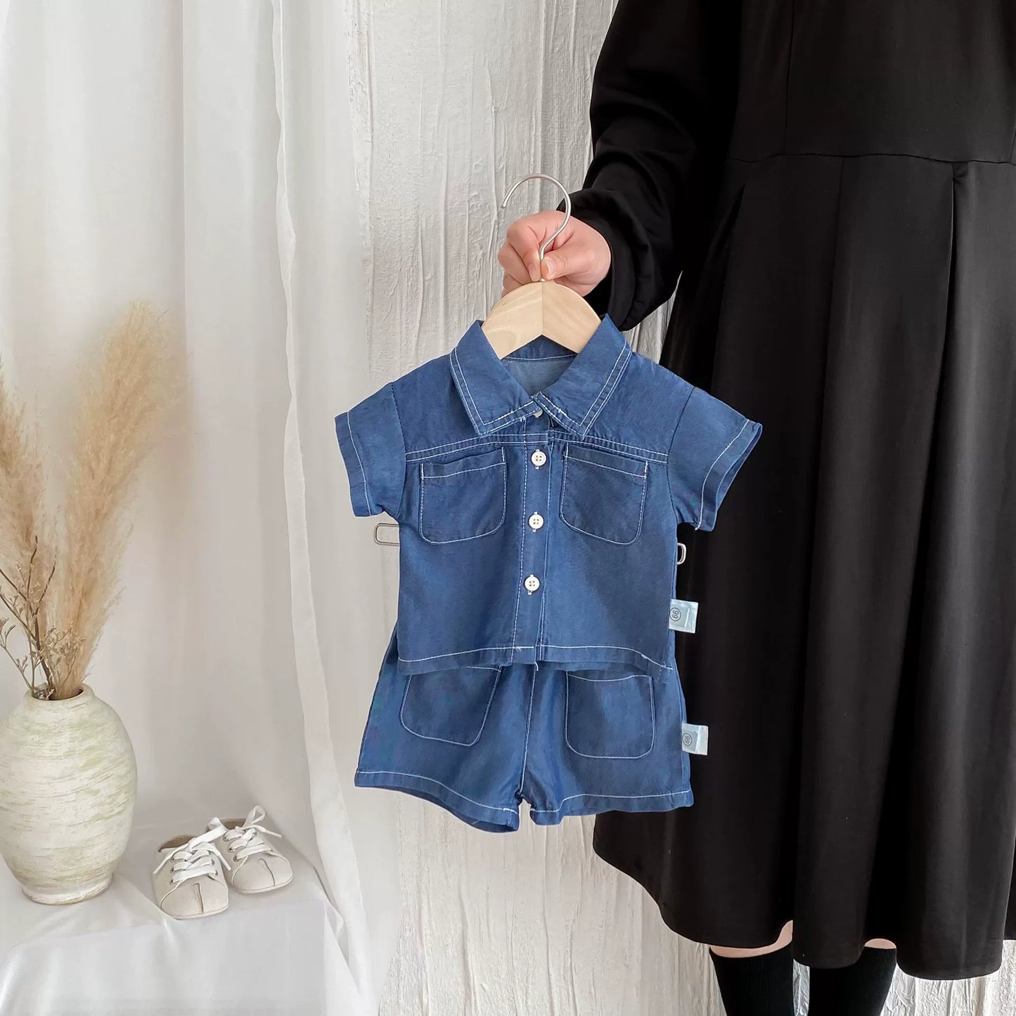 Summer Hot Selling Baby Kids Boys Short Sleeves Denim Single Breasted Top and Shorts Clothing Set-3