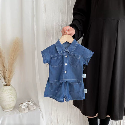 Summer Hot Selling Baby Kids Boys Short Sleeves Denim Single Breasted Top and Shorts Clothing Set-3