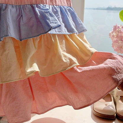 New Design Summer Kids Girls Colorful Color Patchwork Short Sleeves Crew Neck Ruffle Dress-3