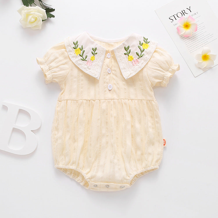 Baby Girl Floral Embroidery Design Solid Color Summer Short-Sleeved Onesies In Summer Outside Wearing-3