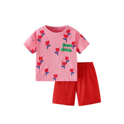 Summer Baby Kids Flowers and Letters Pattern T-shirt and Shorts Clothing Set for Girls-0