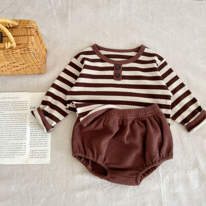Baby Striped Pattern Long Sleeve Tops & Triangle Shorts 1 Pieces Sets-4