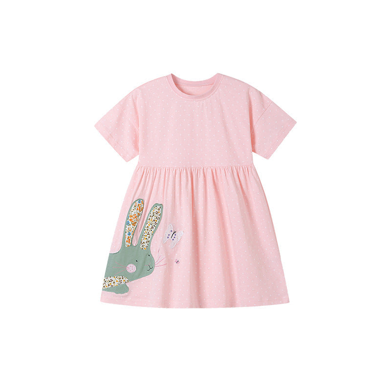 Summer Arrival Rabbit Cartoon Pattern Short Sleeves Dress for Stylish Girls-4