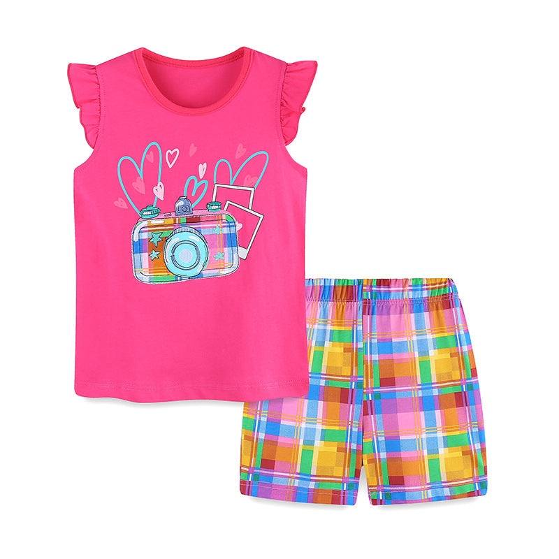 Summer Baby Kids Cartoon Camera Pattern Vest and Plaid Shorts Clothing Set for Girls-0
