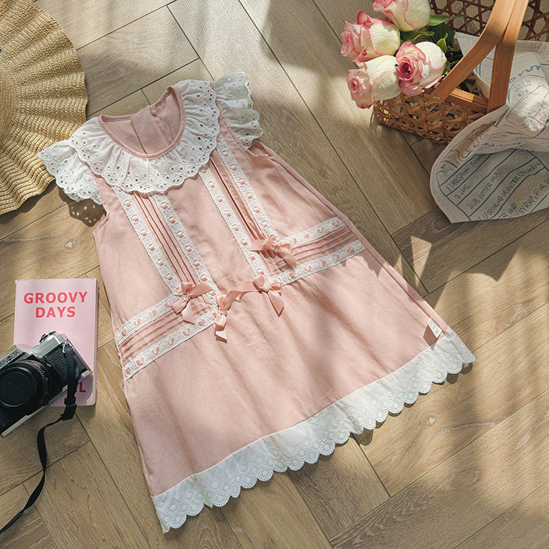 Summer Arrival Flowers Pattern Lace Trim Fly Sleeves Dress for Stylish Girls-1