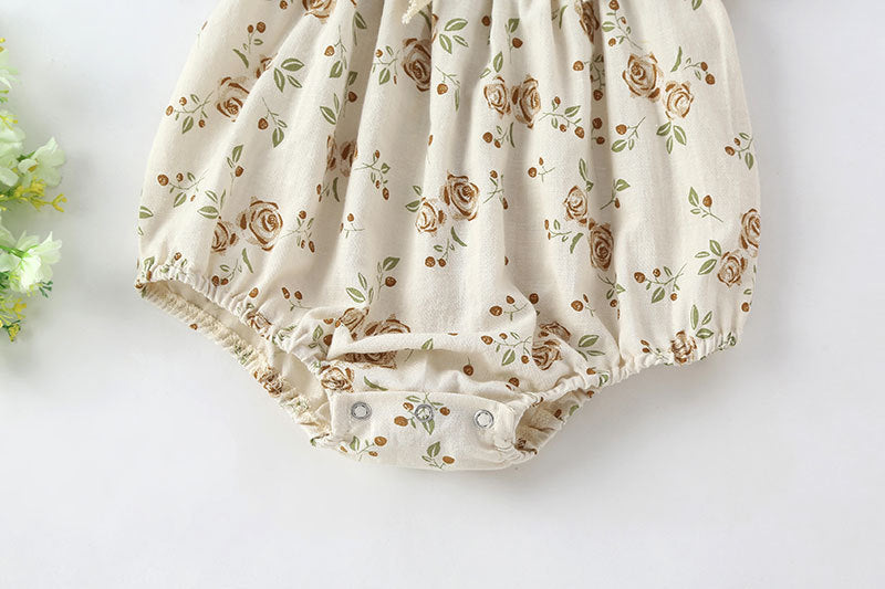 Baby Girl Floral Print Pattern Puff Sleeved Design Onesies With Bow Decoration In Summer-4