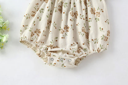 Baby Girl Floral Print Pattern Puff Sleeved Design Onesies With Bow Decoration In Summer-4