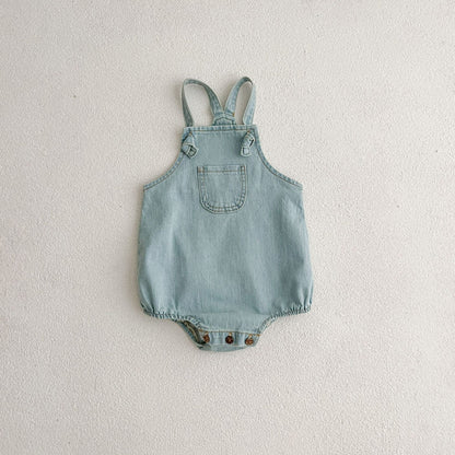 Summer Baby Kids Unisex Solid Color White Short Sleeves T-Shirt And Thin Denim Onesies Clothing Set-4