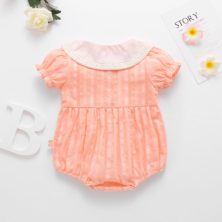 Baby Girl Floral Embroidery Design Solid Color Summer Short-Sleeved Onesies In Summer Outside Wearing-4