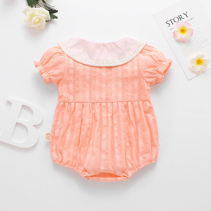 Baby Girl Floral Embroidery Design Solid Color Summer Short-Sleeved Onesies In Summer Outside Wearing-4