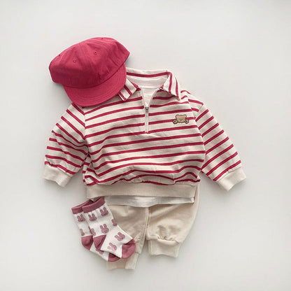 Baby Cute Bear Embroidered & Striped Pattern Polo Neck Cotton Hoodies-4