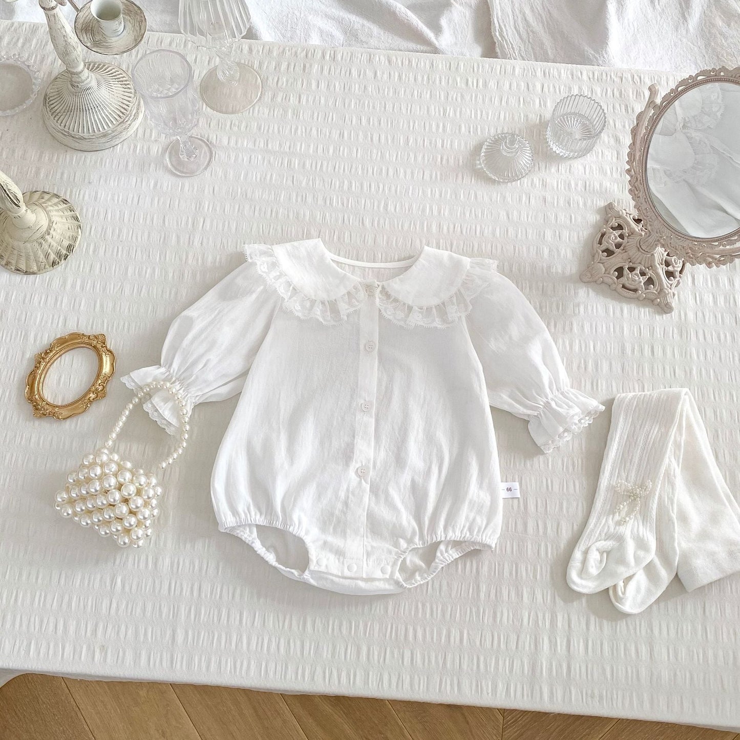 Spring Arrival Baby Girls Long Sleeves Floral Embroidered Lace Trim Collar Onesies Bodysuits-3