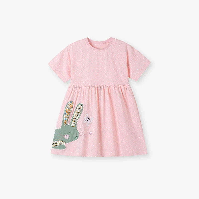 Summer Arrival Rabbit Cartoon Pattern Short Sleeves Dress for Stylish Girls-0