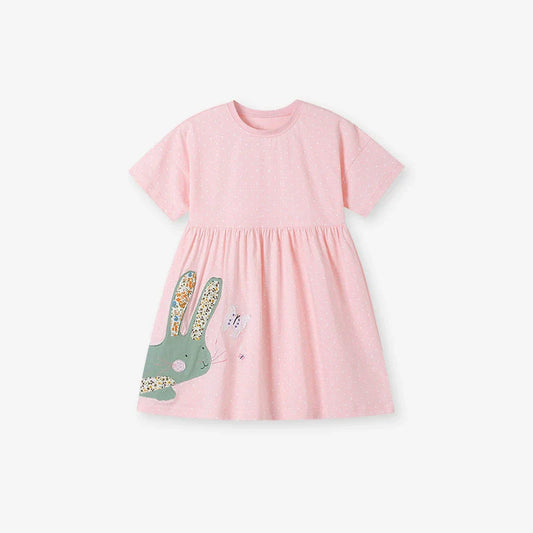 Summer Arrival Rabbit Cartoon Pattern Short Sleeves Dress for Stylish Girls-0