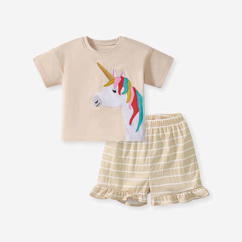 Summer Baby Kids Unicorn Cartoon Pattern T-shirt and Striped Bloomers Clothing Set for Girls-0