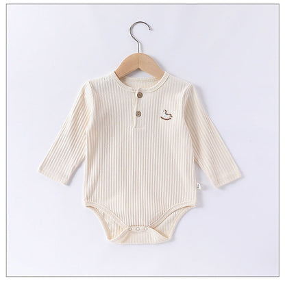Spring New Arrival Baby Unisex Long Sleeves Striped Onesies Bodysuits with Simple Embroidery-4