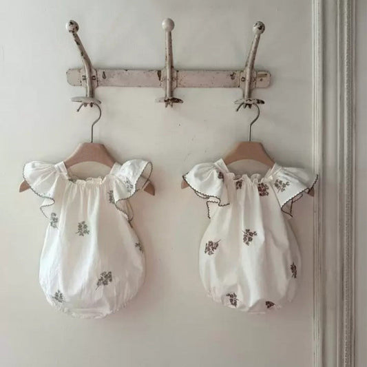 Summer Hot Selling Baby Kids Girls Fly Sleeves Flowers Pattern Embroidered Princess Onesies-0