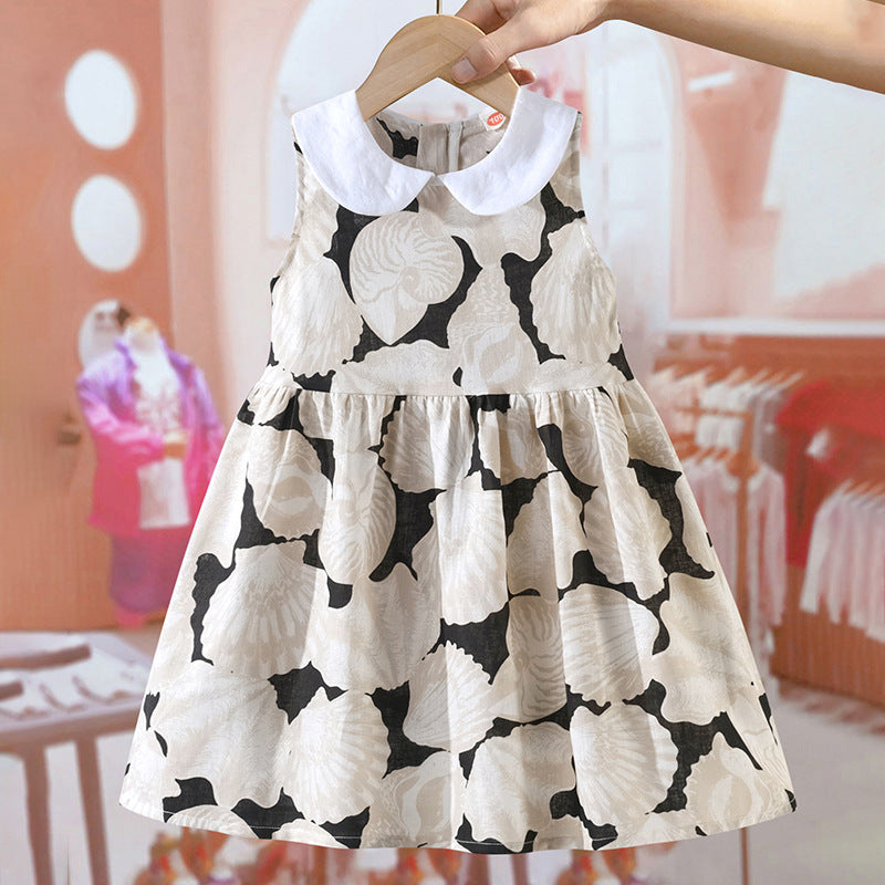 Arrival Summer Girls Sleeveless Peter Pan Collar Conch Pattern Thin Dress-4