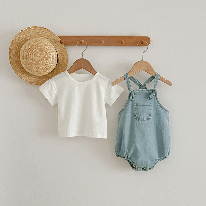 Summer Baby Kids Unisex Solid Color White Short Sleeves T-Shirt And Thin Denim Onesies Clothing Set-3