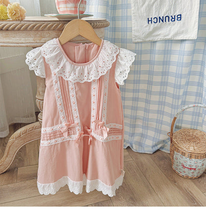 Summer Arrival Flowers Pattern Lace Trim Fly Sleeves Dress for Stylish Girls-0