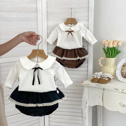 Arrival Autumn Baby Girls Long Sleeves Simple Top Shirt and Lace Facing Bloomers – Matching Set-0