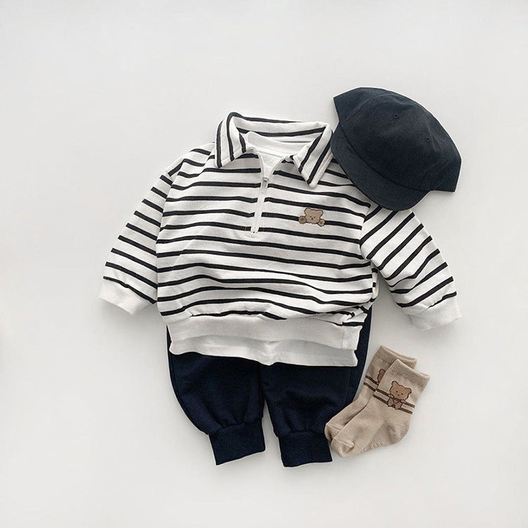 Baby Cute Bear Embroidered & Striped Pattern Polo Neck Cotton Hoodies-5