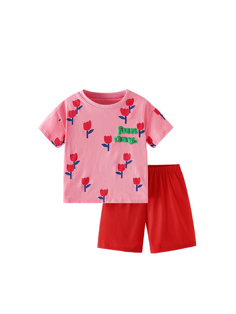 Summer Baby Kids Flowers and Letters Pattern T-shirt and Shorts Clothing Set for Girls-4