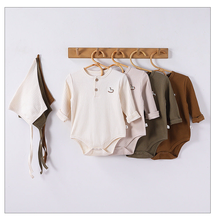 Spring New Arrival Baby Unisex Long Sleeves Striped Onesies Bodysuits with Simple Embroidery-0