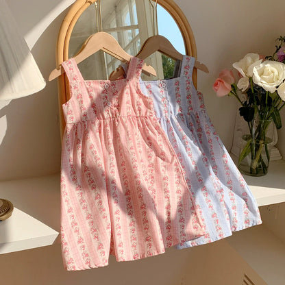 Summer Baby Kids Girls Sleeveless Flowers Pattern Printed Striped Dress-0