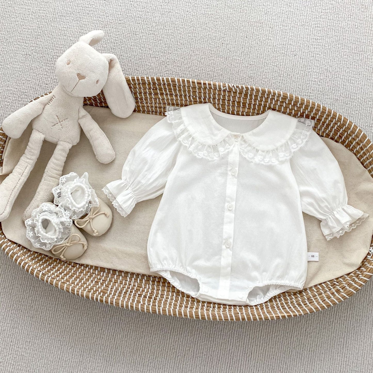 Spring Arrival Baby Girls Long Sleeves Floral Embroidered Lace Trim Collar Onesies Bodysuits-0