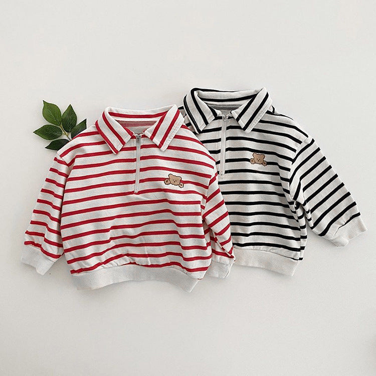 Baby Cute Bear Embroidered & Striped Pattern Polo Neck Cotton Hoodies-1