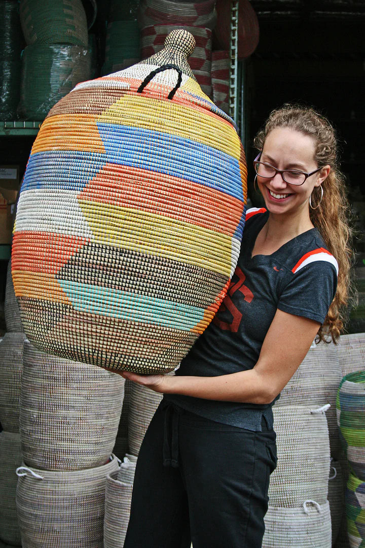 2 Assorted Oversized Rainbow Herringbone Storage Baskets