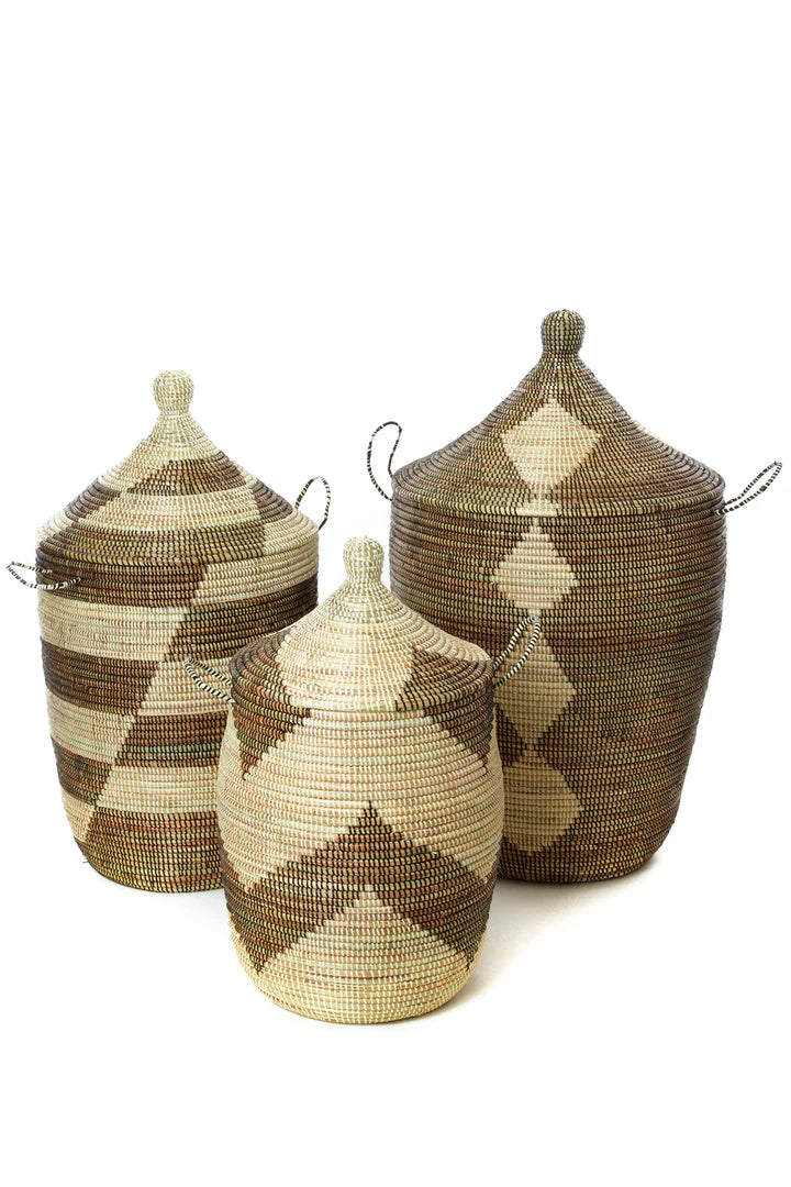 Set of Three Black and Beige Mixed Pattern Hampers