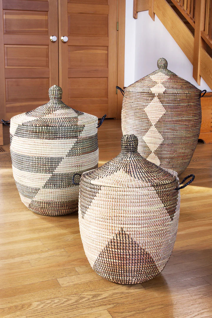 Set of Three Black and Beige Mixed Pattern Hampers