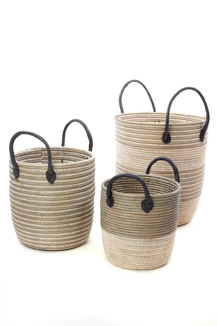 Set/3 Silver Mixed Stripe Baskets with Leather Handles